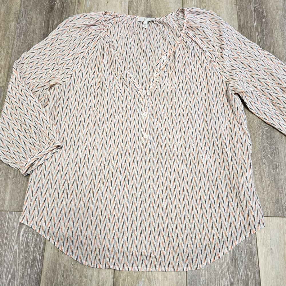Joie V Neck 3/4 Sleeve Blouse Top Women's Small White Orange Gray Geometric